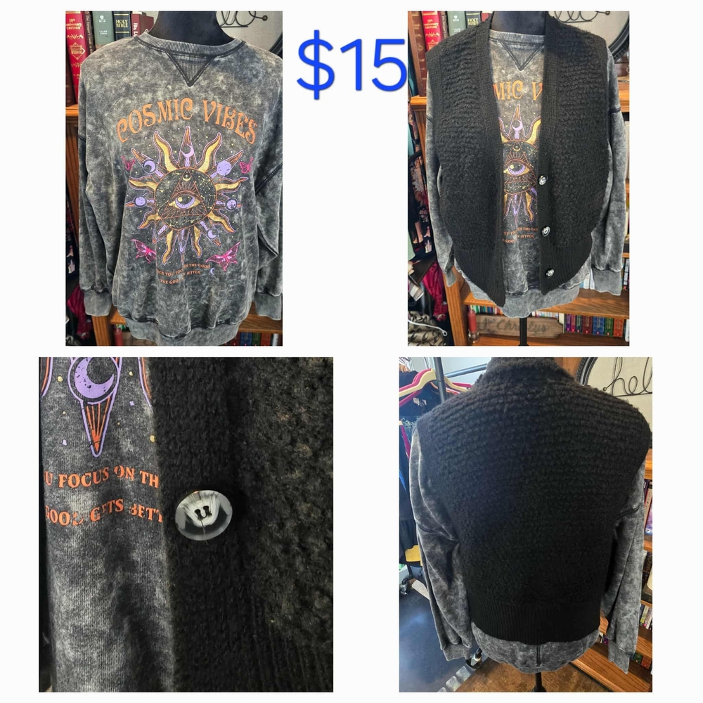 Cosmic Vibes Graphic Tee and Black Knit Vest
